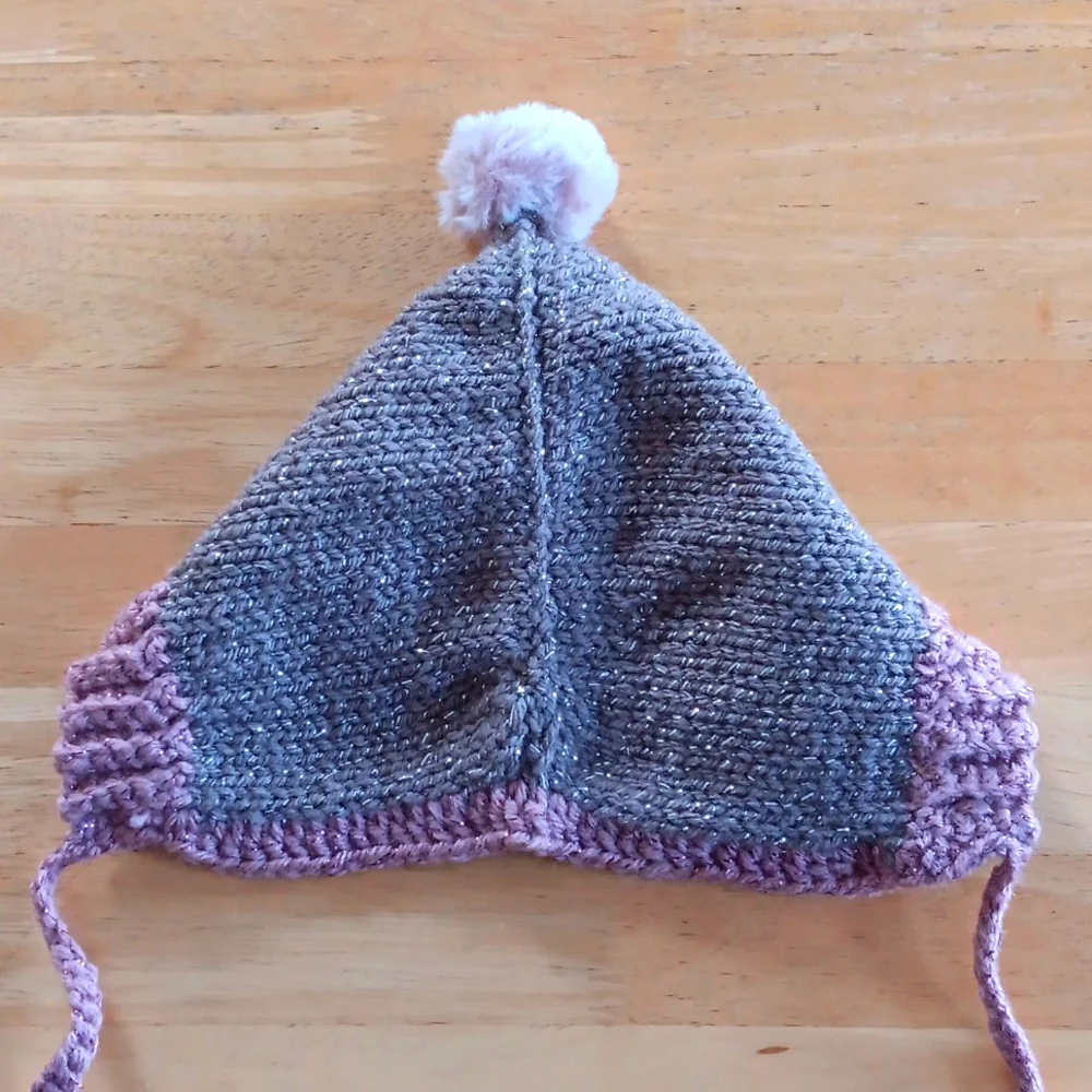 Handknit Taupe Brown & Dusty Pink 1960s Retro Style Pompom Pixie Baby Hat 6-12M